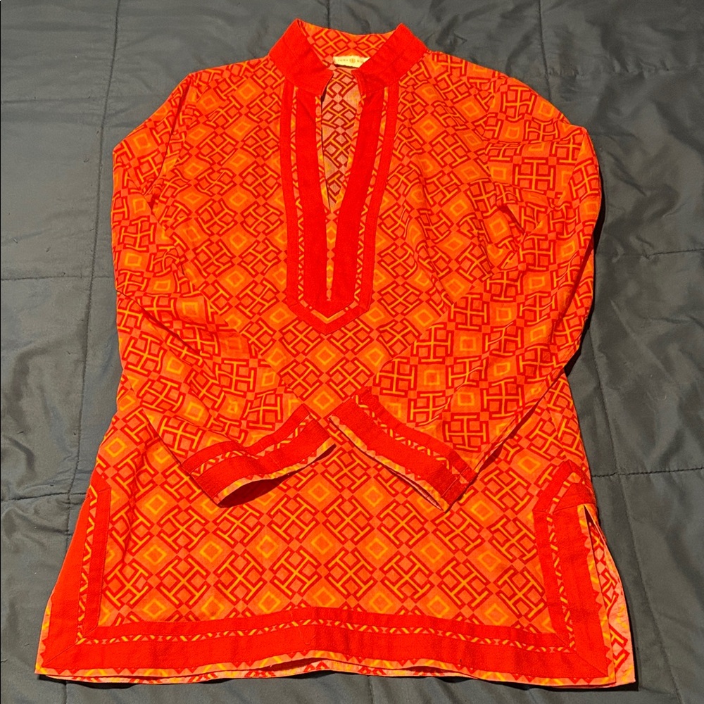Tory Burch Red and Yellow Geometric Top swim cover